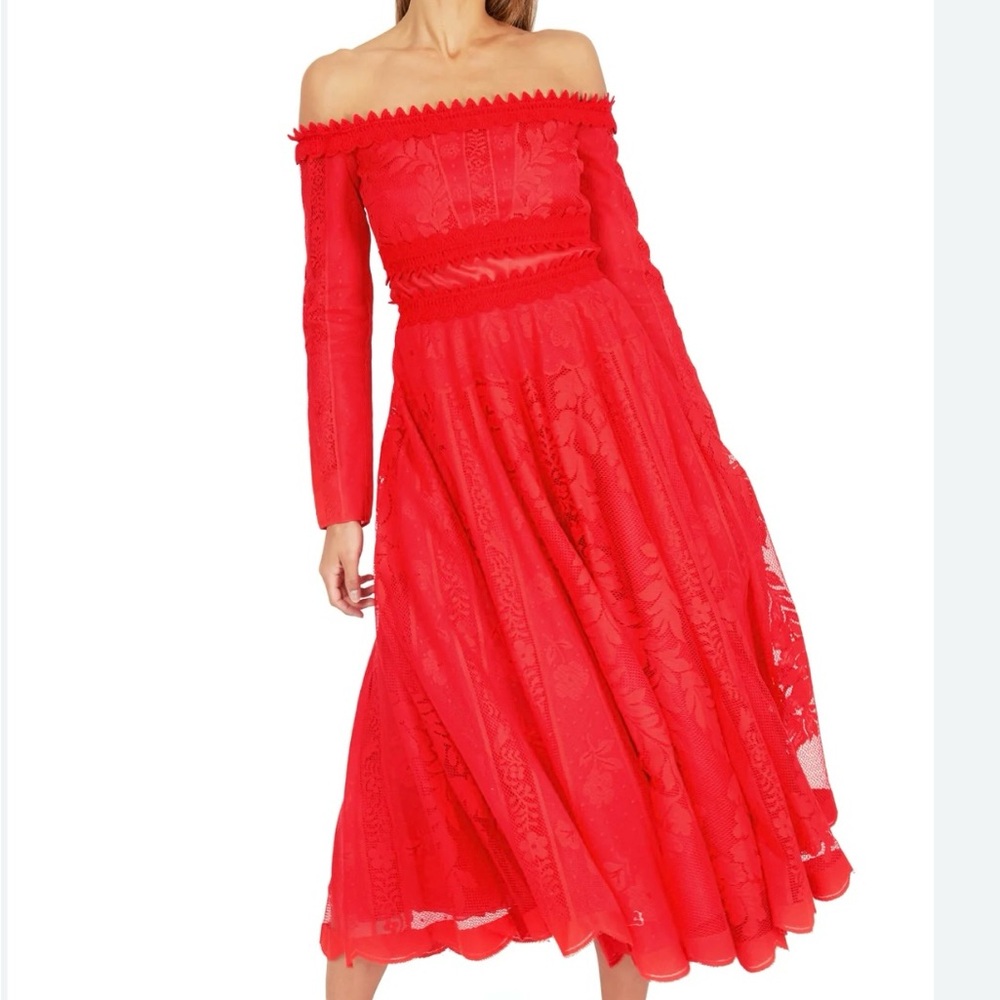 Giambattista Valli Red Lace Smocked Tiered Off-Shoulder Sundress